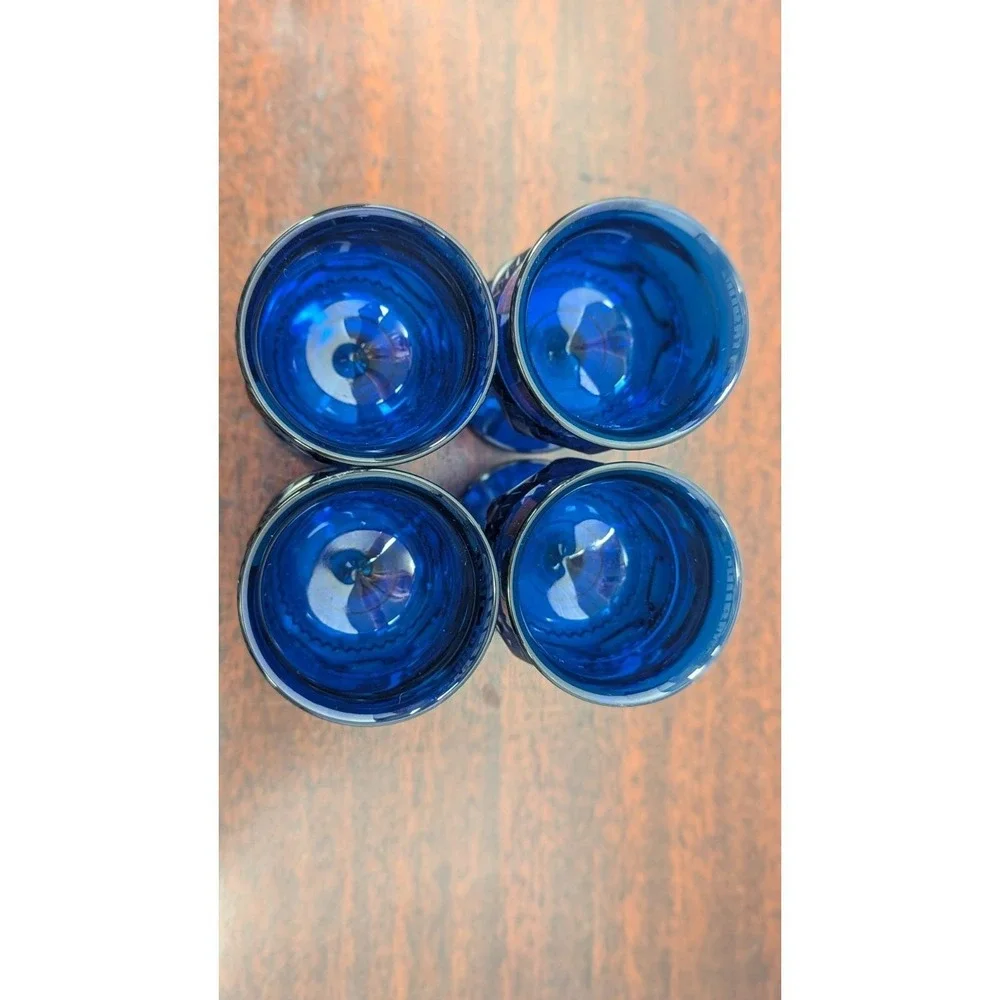 Vintage Cobalt Blue Goblets Set of 4 Paneled Stem Wine Water Glasses 4.5